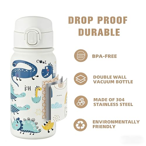 Image of GOPPUS Kids 12oz Insulated Stainless Steel Water Bottle, Leakproof Vacuum Tumbler with Carry Handle, Fits Cup Holders, Reusable Water Bottle for School Outdoor, Boys & Girls（White Dinosaur）