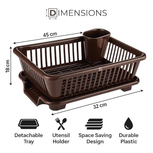 Image of Plastic Kitchen Dish Drainer Rack with Drying Tray & Cutlery Holder | 23 x 46 x 56 cm Utensil Stand & Bartan Stand | Mesh Design Dish Drying Basket Organizer for Kitchen Counter - Brown