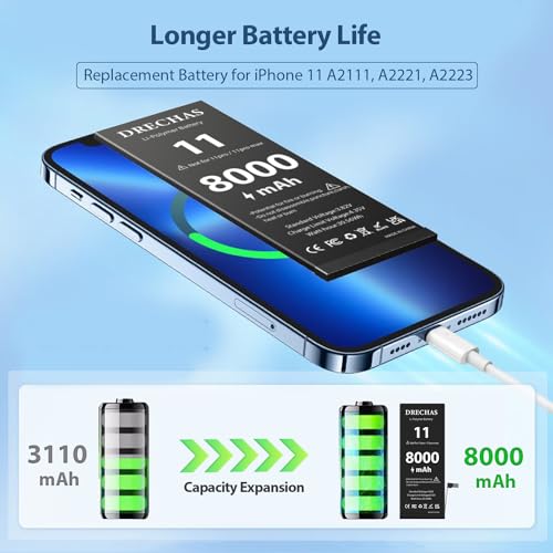 Drechas [8000Mah] Battery For Iphone 11, Upgraded High Capacity 0 Cycle Li-Polymer Replacement Battery For Iphone 11 Models A2111, A2221, A2223 With Complete Professional Repair Tool Kit thumb #1