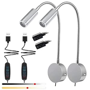 Liseuse LED Tete de Lit, 2 Lampes de Lecture Murale Dimmable 10 Niveaux de Luminosité 3 Modes de Couleur, 3W Applique Liseuse Col de Cygne avec Prise YNDD Lampe de Chevet Murale pour Chambre à Coucher