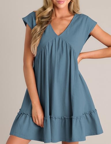 Image of APAFES Women's Summer Dress A Line V-Neck Ruffle Hem Sundress Flowy Swing Mini Dress with Pockets