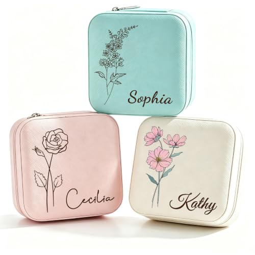Ships Next Day, Custom Travel Jewelry Box with Name Birth Flower, Birthday Gifts for Women...
