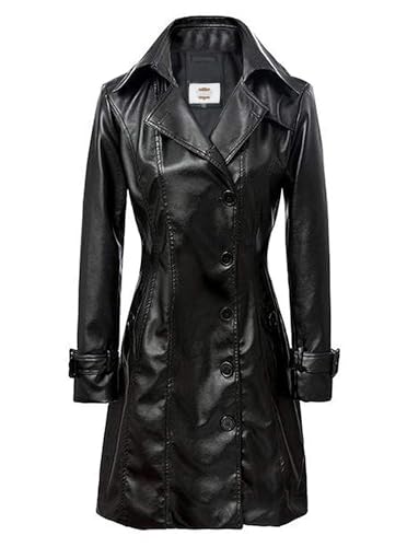 Women's Long Black Leather Trench Coat, Button-Front