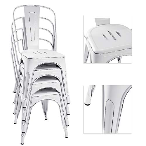 Image of Devoko Metal Indoor-Outdoor Chairs Distressed Style Kitchen Dining Chairs Stackable Side Chair with Back Set of 4 (White)