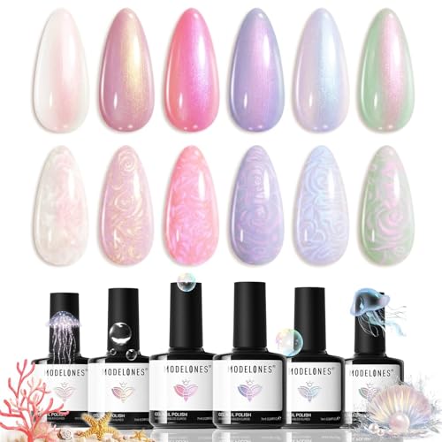 modelones Pearl Gel Nail Polish Set, 6 Colors 2026 Spring Summer Aurora Iridescent Shimmer White...