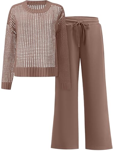 ANRABESS Womens 2 Piece Outfits Crochet Sheer Knit Sweater Top