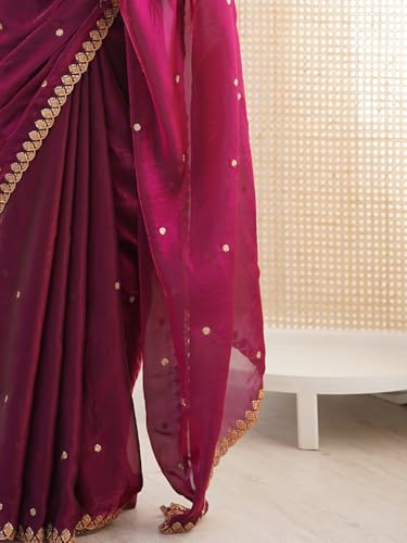 Image of AKHILAM Women's Shimmer Tissue Embroidered Saree With Unstitched Blouse Piece