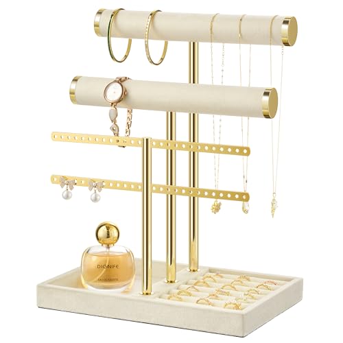 Image of Jewelry Organizer Stand for Necklaces, Bracelets, Earrings, Rings, Beige | 3 Tier Velvet Bracelet Holder Display | Jewelry Organizers and Storage | Jewelry Tree | Jewelry Towers