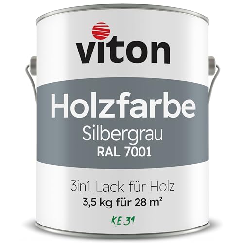 Viton Holzfarbe in Silber - 3,5 Kg Holzlack Seidenmatt - Wetterschutzfarbe für Außen - 3in1 Grundierung & Deckfarbe - Profi-Holzschutzlack - KE31 - RAL 7001 Silbergrau