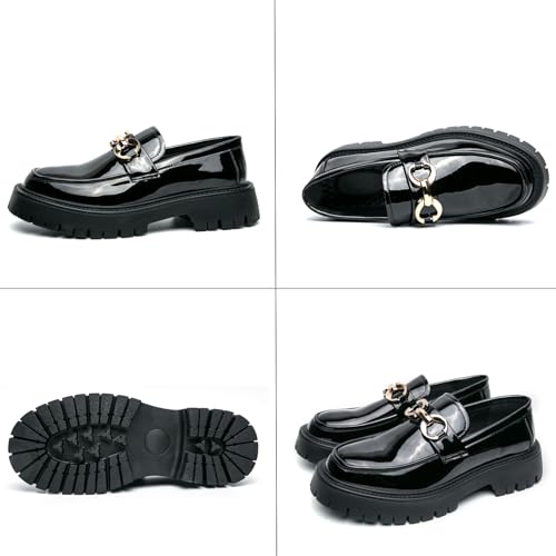 Men's Patent Leather Slip-On Platform Loafers Luxury Round Toe Metal Decorationfor Non-Slip Lug Sole Business Casual Work Shoes with Business Office Party3