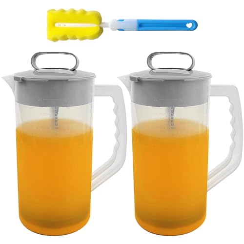 2 Pack Mixing Pitcher for Drink 2 Quart/ 64oz Plastic Water Pitcher with Lid and Clean Sponge Brush Angled Plastic Blades and Adjustable Mixer Plunger for Juice Milk Beverage Container