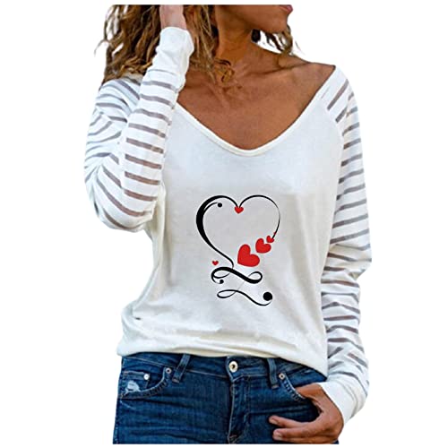 Masrin Trendige Oberteile Damen Sexy Schulterfreies Hemd Lässiger Pullover mit Liebes Herz Druck Neckholder Tunika mit V Ausschnitt Aushöhlen Langarmbluse Herbst Langarmshirts Cover