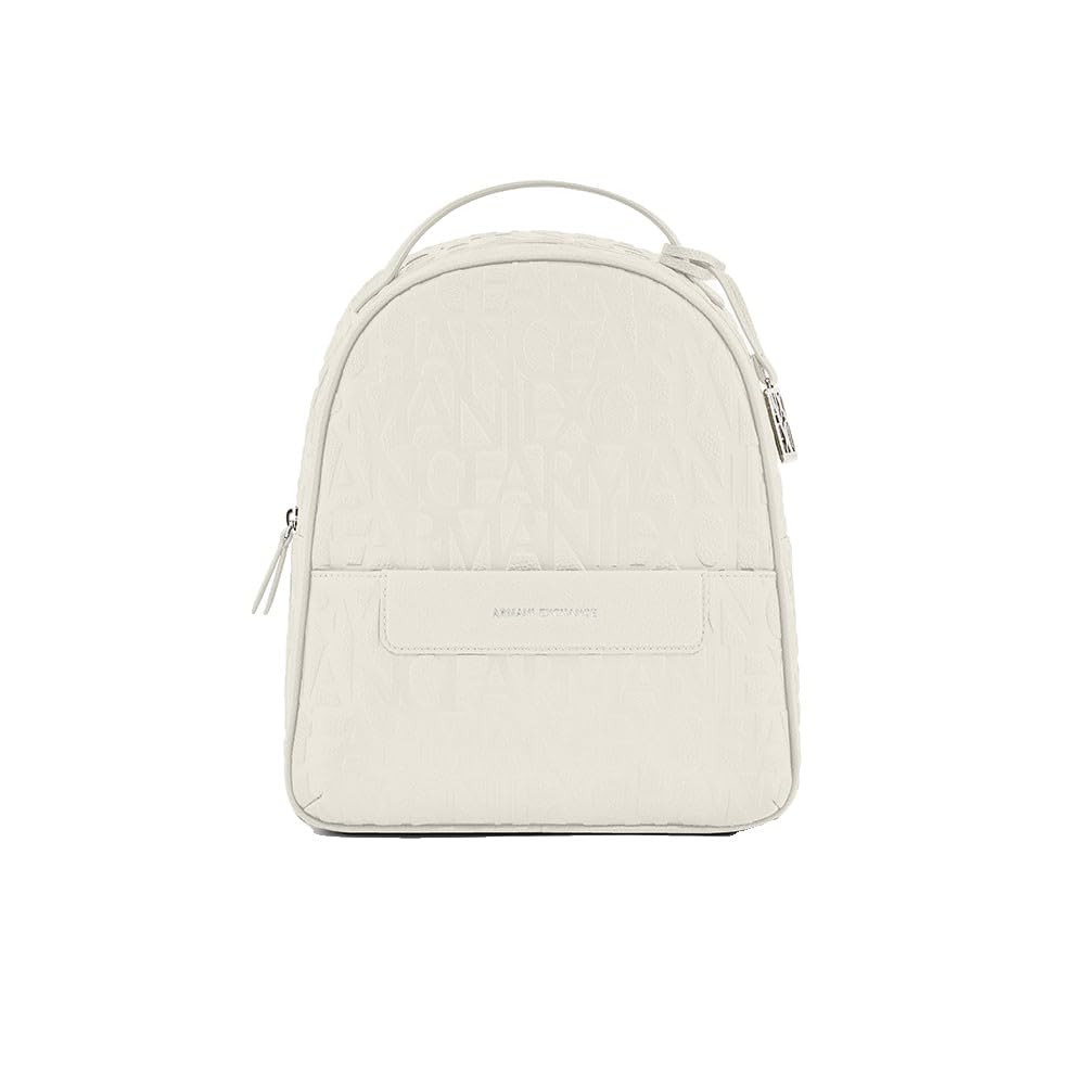 Armani Exchange Women's Liz, Essential, Embossed Logo, Silver Zip Backpack, Off White