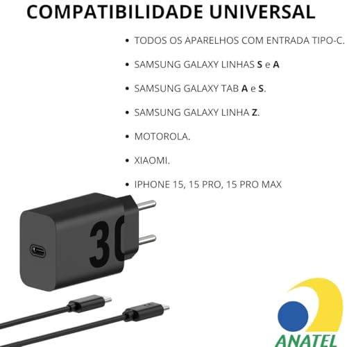 Carregador Turbo 30W Compatível Para Samsung Galaxy Tipo C Rápido S20 S21 S22 S23 S24 Plus A14 A24 A