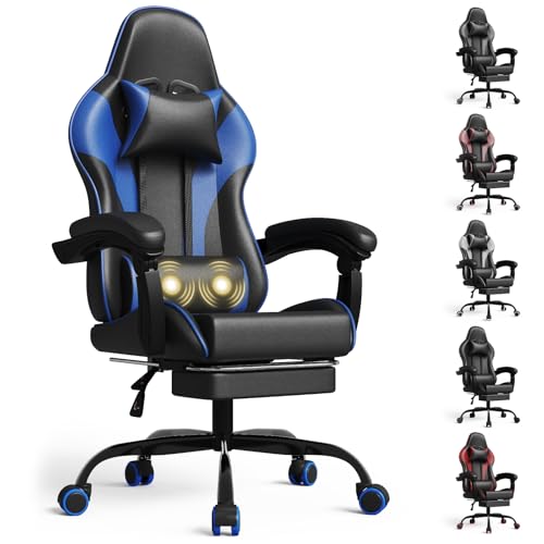 Homall Gaming Stuhl mit Massage Lendenkissen, Rücken und Sitz höhenverstellbar, Erwachsene mit Fußstütze und Kopfstütze, Tragfähigkeit 150kg. Geeignet für Büro und Zuhause
