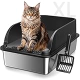Stainless Steel Cat Litter Box, Extra Large XL Odor Free Metal Litter Box with High Sides Lid, Open Top Litter Pan Include Scoop Easy Cleaning Anti-Scratch Kitty Cat Box Anti-Urine Leakage, Non-Sticky