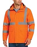 Bass Creek Outfitters Mens Rain Jacket - Waterproof Hooded High Visibility Safety Coat with Reflective Strips, Size Large, Orange