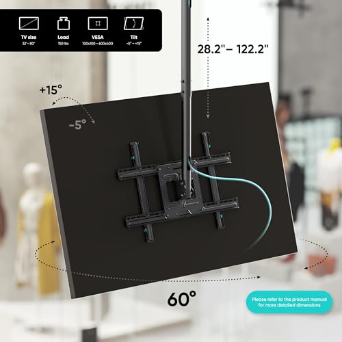 ONKRON TV Ceiling Mount for 32-80 Inch Screens up to 150 lbs, Drop Down Ceiling TV Mount Swivel and Tilt Full Motion max VESA 600x400 - Long & Height Adjustable TV Mount Ceiling TV Bracket Black