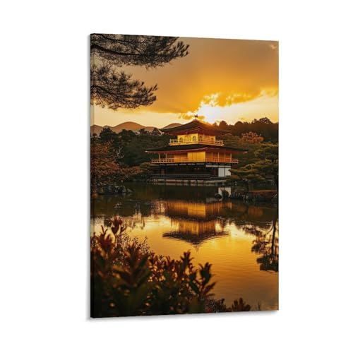 絵画 日の出の京都の金閣寺インテリア 絵画 美しい日本の風景写真 雄大な日本建築アートパネル 壁の絵 ポスター 壁掛け ソファの背景絵画 玄関 壁飾り 絵画 木枠付きの完成品 50x75cm