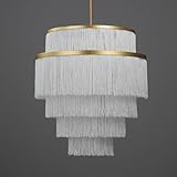 vivihobb 5-Tiered Boho Chandelier with Metal and White Fringe,3 Lights Fringe Pendant Light Fixture,Tassle Chandelier for entryway,Dining Room,Baby Nursery,Gold and White