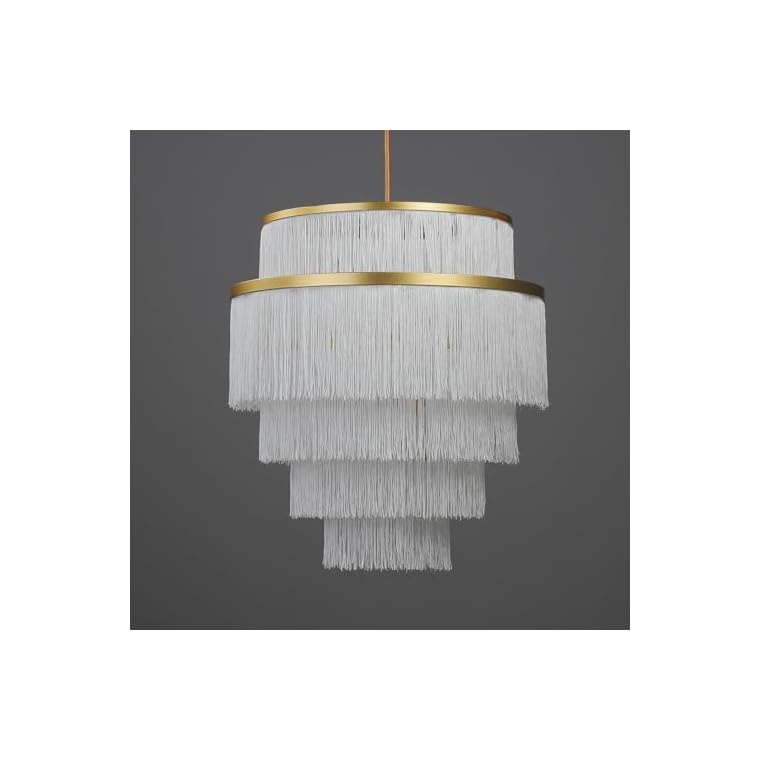 vivihobb 5-Tiered Boho Chandelier with Metal and White Fringe,3 Lights Fringe Pendant Light Fixture,Tassle Chandelier for entryway,Dining Room,Baby Nursery,Gold and White