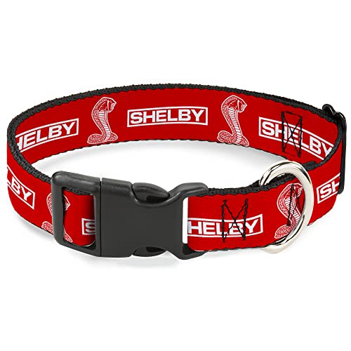 Dog Collar Plastic Clip Shelby Box Logo and Super Snake Cobra Red White 20 to 31 Inches 1.5 Inch Wide