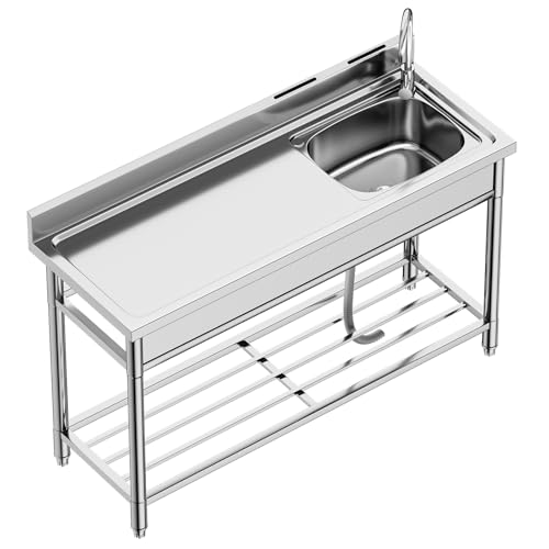 Stainless Steel Sink, 304 SUS Free Standing Kitchen Sink Single Bowl With Large Work Station Cold and Hot Water Pipe Undershelf Faucet Drainboard (47 Inch Right Bowl)