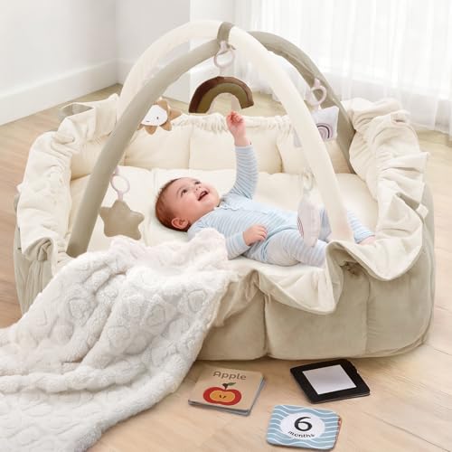 Image of Little Dove 5-in-1 Plush Baby Play Gym, Tummy Time Mat with Blanket and 6 Sensory Toys, Baby Play Mats, Convertible Baby Gym for Sensory Development from Newborn to Toddler, Brown