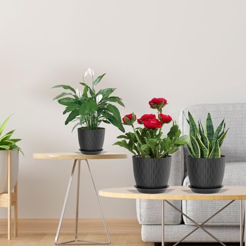 MUAEEOK 18CM 5 Pack Plant Pots Indoor Stripe Grooves Plastic Flower Pots with Drainage Holes and Tray - Image 3