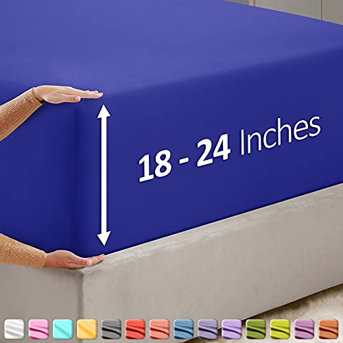 Image of Hearth & Harbor Extra Deep Pocket Queen Fitted Sheet - Fits 18 to 24 Inch Mattress - Ultra Soft 1800 Microfiber, Wrinkle-Free & Breathable - Hotel Luxury Fitted Sheet Only, Royal Blue