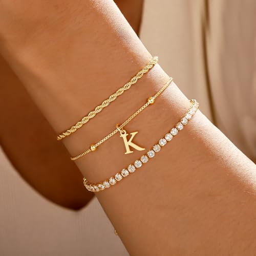 Gold Bracelets for Women Girls - Dainty Gold Bracelet Stack Jewelry Set Personalized Initial Bracelets Cute Stackable Rope Box Chain Tennis Bracelets Gifts for Women Teen Girl Gifts2