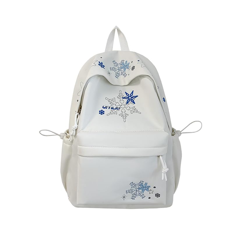 XEVALDRIC Mochila bordada de floco de neve - Escola de nylon leve, Branco, 400*300*130