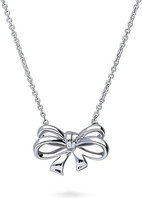Sterling Silver Bow Tie Ribbon Fashion Pendant Necklace for Women, Rhodium Plated