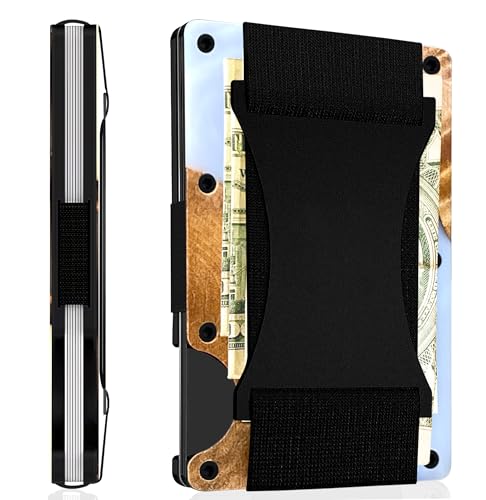 Resin Wood Pattern Aluminum Wallet for Men & Women, Slim, Minimalistic & Seamless Blocks RFID Scanners with a Cash Strap Card Holder Wallet Strap White2