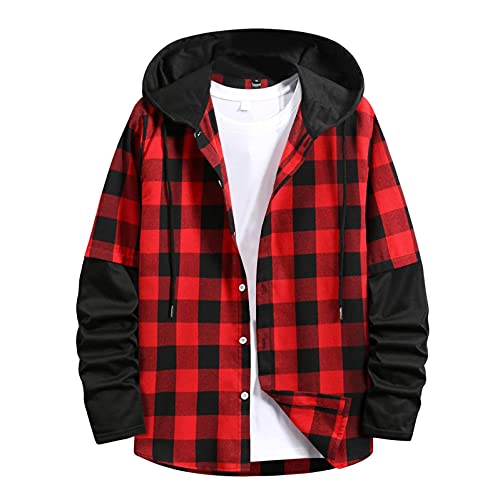 WUAI-Men Plaid Flannel Hoodie Jacket Long Sleeve Casual Button Up Quilted Buffalo Thermal Sweatshirt Fall Winter Outwear(Red,XX-Large)