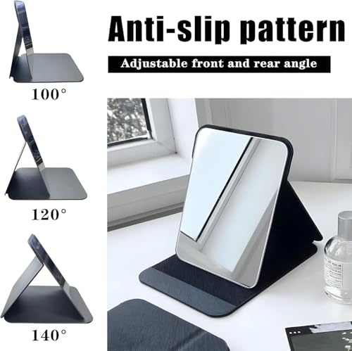 Image of Frameless Foldable HD Glass Makeup Mirror with Adjustable Stand Standing Travel Vanity Mirror Compact Tabletop Desk Mirror for Makeup, Travel, Office, Home Use (16x11cm) (Black Big)