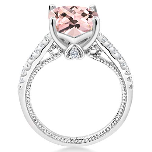 Gem Stone King 4.59 Cttw Peach Simulated Morganite and White Created Sapphire Engagement Ring For Women | 925 Sterling Silver | Cushion Cut 10MM | Available in size 5, 6, 7, 8, 92