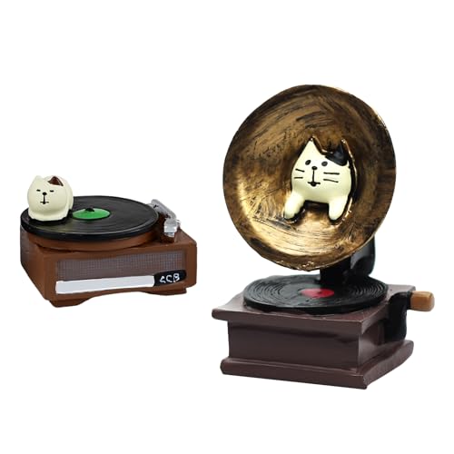 RAQWI Cat Vintage Phonograph and Record Player Figurine Suitble for Office, Home Decoration Perfect for Cat Lovers