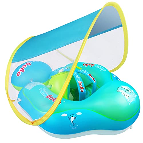 AmzKoi Baby Schwimmring Schwimmhilfe Baby mit Sonnendach Dach Schwimmreifen Baby mit Sicherheitsgurt Anti-Kipp-Schwimmring Schwimmtrainer Kleinkind Schwimmsitz für Baby von 6 bis 30 Monaten Blau, L