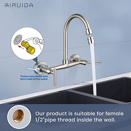 Airuida Wall Mount Kitchen Sink Faucet With Sprayer Brushed Nickel Wall Mounted Kitchen Faucet 8 Inch Center Double Cross Handles 360 Degree Swivel Spout Restaurant Mixer Tap Commercial #TOP2