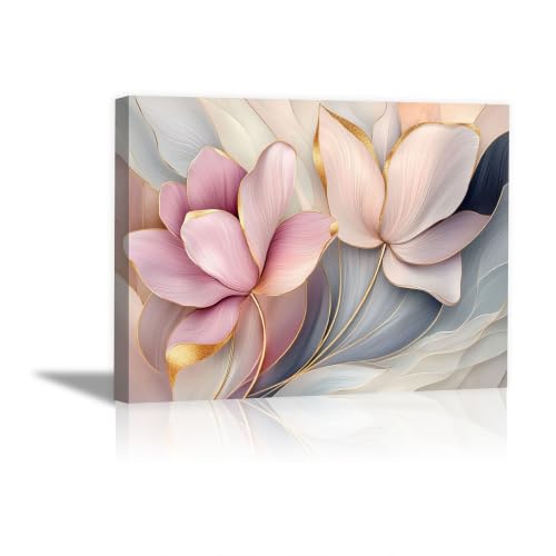 Tableau mural Magnolia mauve 60x90cm avec contours dorés pour salon