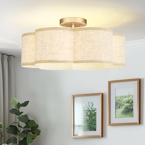 Image of Semi Flush Mount Ceiling Lights, 6-Light 18 inch Gold Light Fixtures Ceiling Mount with Fabric Shade in Flower Shape, Drum Lighting Fixture for Nursery Bedroom Kitchen, AD-22007-6SF-GD-B