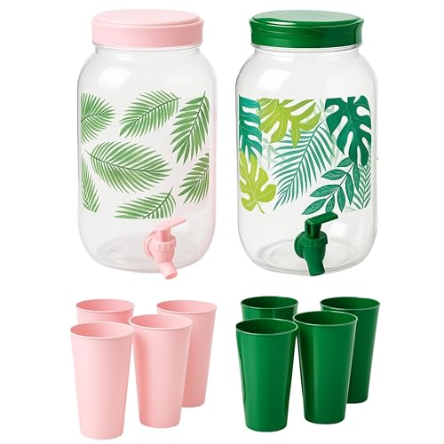 ADEPTNA 2-Pack 3.6L Drink Dispenser Tap, Handle, Screw Top Lid & 8 Tumblers Beverage Container for Juice Cocktails Lemonade Infused Drinks Summer Party BBQ Water Dispenser Leakproof Spigot Handle