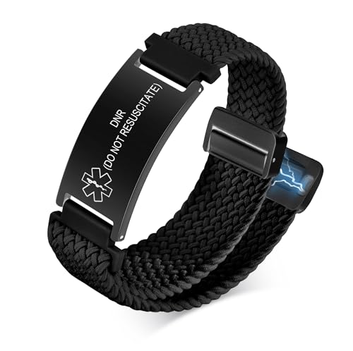 VNOX Medical Alert Id Bracelet for Men Women DNR(DO NOT RESUSCITATE) Elastic Braided Stretchy Loop Emergency Survival Medic Bracelets Wristband Loop Band with Removeable Tag Black