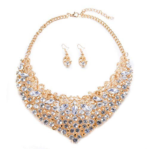 Yuhuan Women's Luxury Rhinestone Statement Necklace Earrings Gold Wedding Costume Jewelry Set