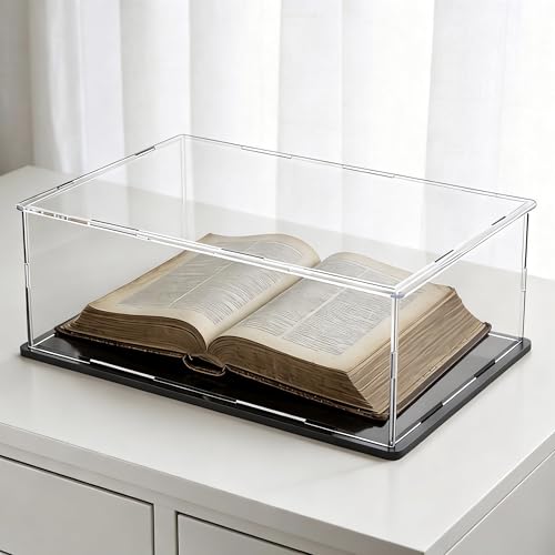 CRMPro Acrylic Display Case with Matt Black Base and Lid, Dust-Proof Acrylic Box, Flat Showcase Counter-Tops Box for Books and Maps (16x13x5 inch)