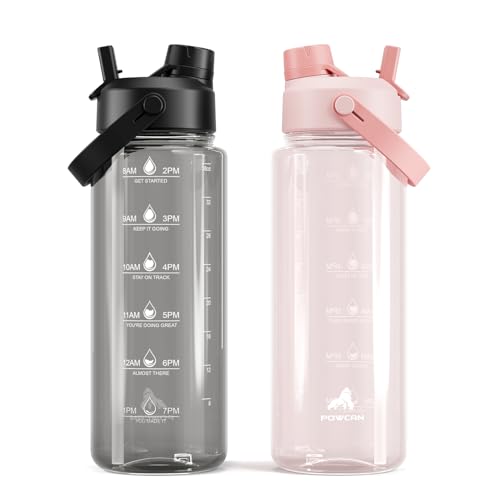 POWCAN 2 Pack 40 oz Clear Water Bottle with Time Marker, 2-in-1 Straw Spout Lid, Hand Wash Only, BPA-Free, Leakproof, Wide Mouth Gym Water Bottle for Sports, School, Work, Camping, Travel and Home