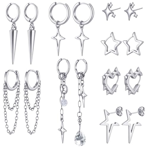 Quelay 8 Pairs Hoop Dangle Earrings for Men Women Goth Gothic Grunge Emo Punk Y2k Kpop Tassel Chain Drop Stud Earrings Christmas Jewelry Gifts