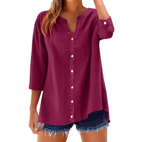 LOMON Womens 3/4 Sleeve Button Down Shirts Cotton Linen Roll Up Short Sleeve Tops V Neck Casual Loose Fit Blouses