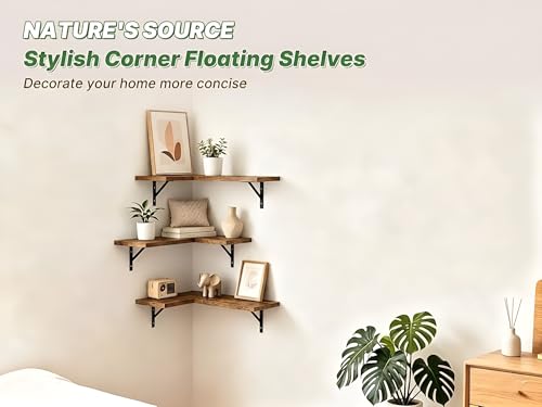 Image of OXMIC Corner Wall Floating Shelves, Book Shelf for wall, Corner Shelf for Living Room Decor, Natural Wood MDF, Rustic Brown, Set of 3, with Metal Brackets